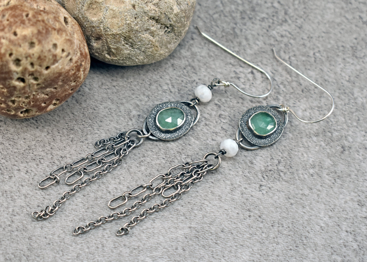 Long Asymmetrical Emerald, Moonstone and Sterling Silver Earrings