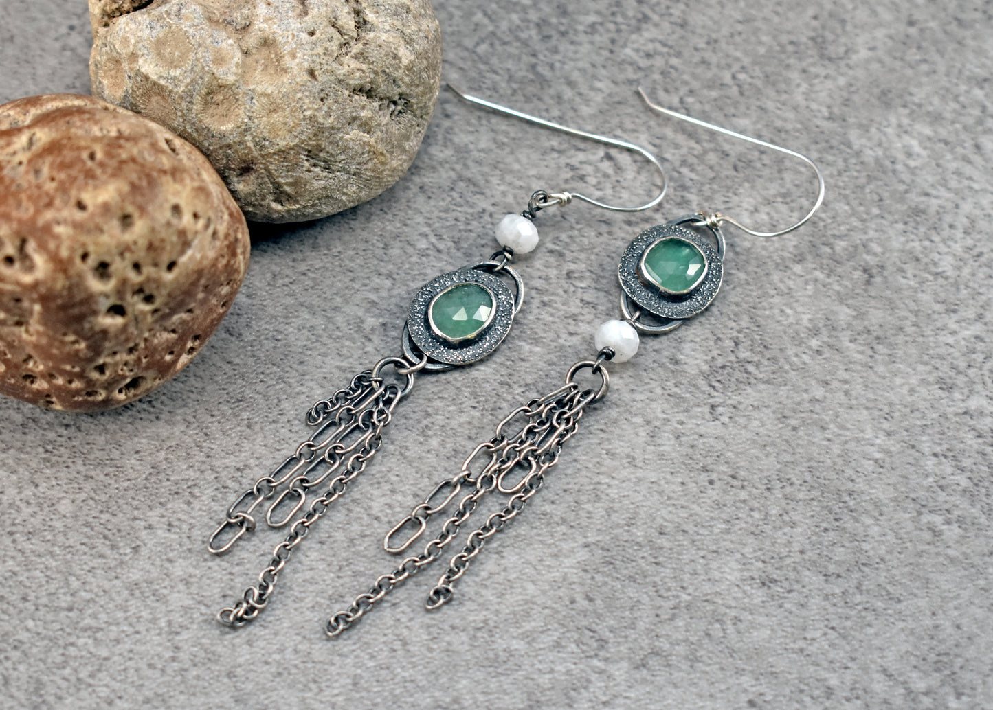 Long Asymmetrical Emerald, Moonstone and Sterling Silver Earrings