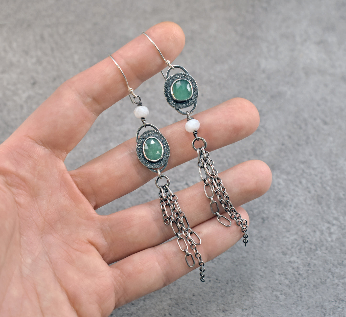 Long Asymmetrical Emerald, Moonstone and Sterling Silver Earrings