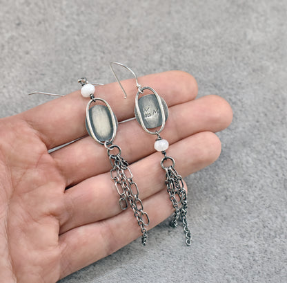 Long Asymmetrical Emerald, Moonstone and Sterling Silver Earrings