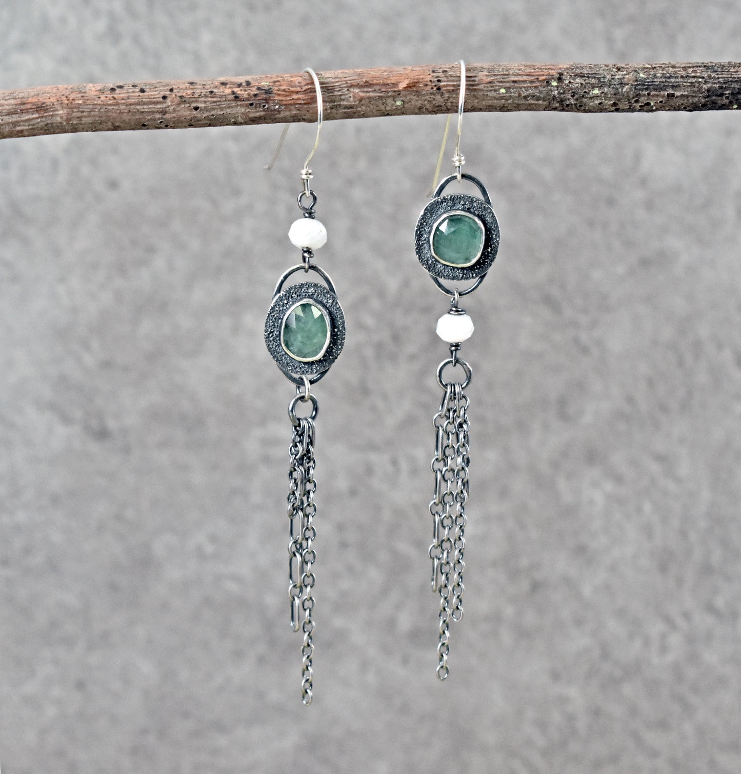 Long Asymmetrical Emerald, Moonstone and Sterling Silver Earrings