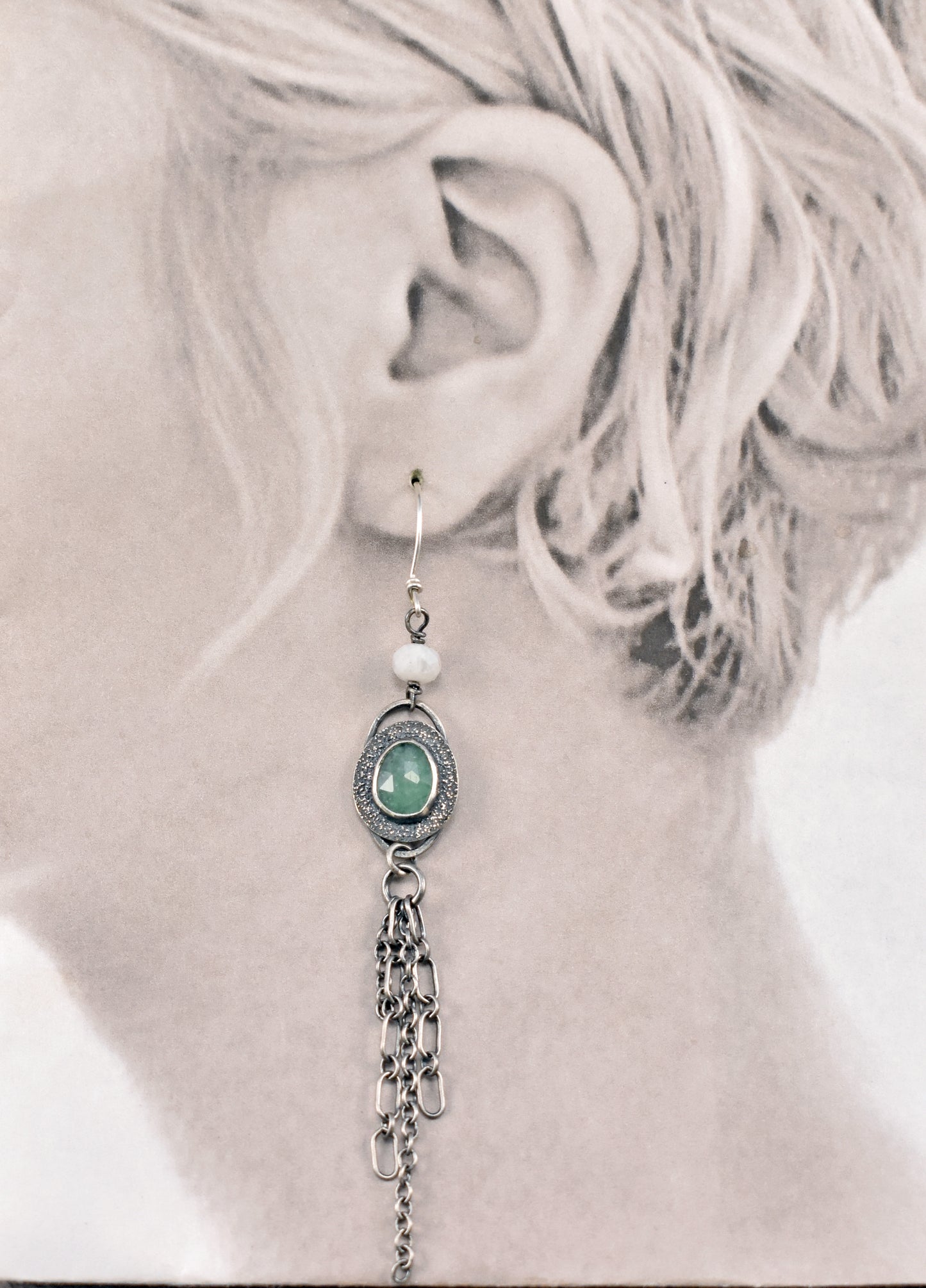 Long Asymmetrical Emerald, Moonstone and Sterling Silver Earrings