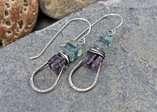 Fluorite and Sterling Silver Dangle Earrings, Green and Purple Gemstone Jewelry