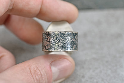 Fossilized Coral Sterling Silver Wide Band Statement Ring, Size 8.5