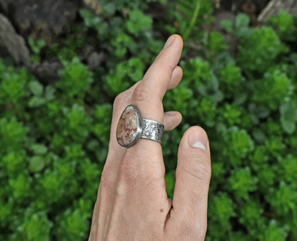 Fossilized Coral Sterling Silver Wide Band Statement Ring, Size 8.5