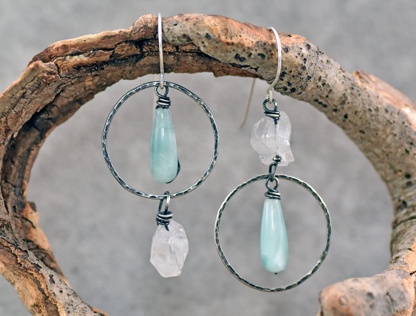 Chatoyant Green Moonstone, Raw Quartz and Sterling Silver Wire Asymmetrical Earrings