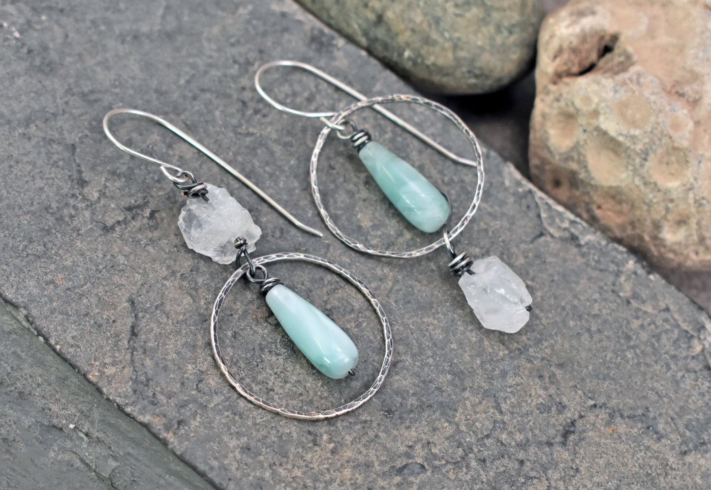 Chatoyant Green Moonstone, Raw Quartz and Sterling Silver Wire Asymmetrical Earrings