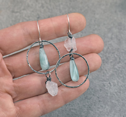 Chatoyant Green Moonstone, Raw Quartz and Sterling Silver Wire Asymmetrical Earrings