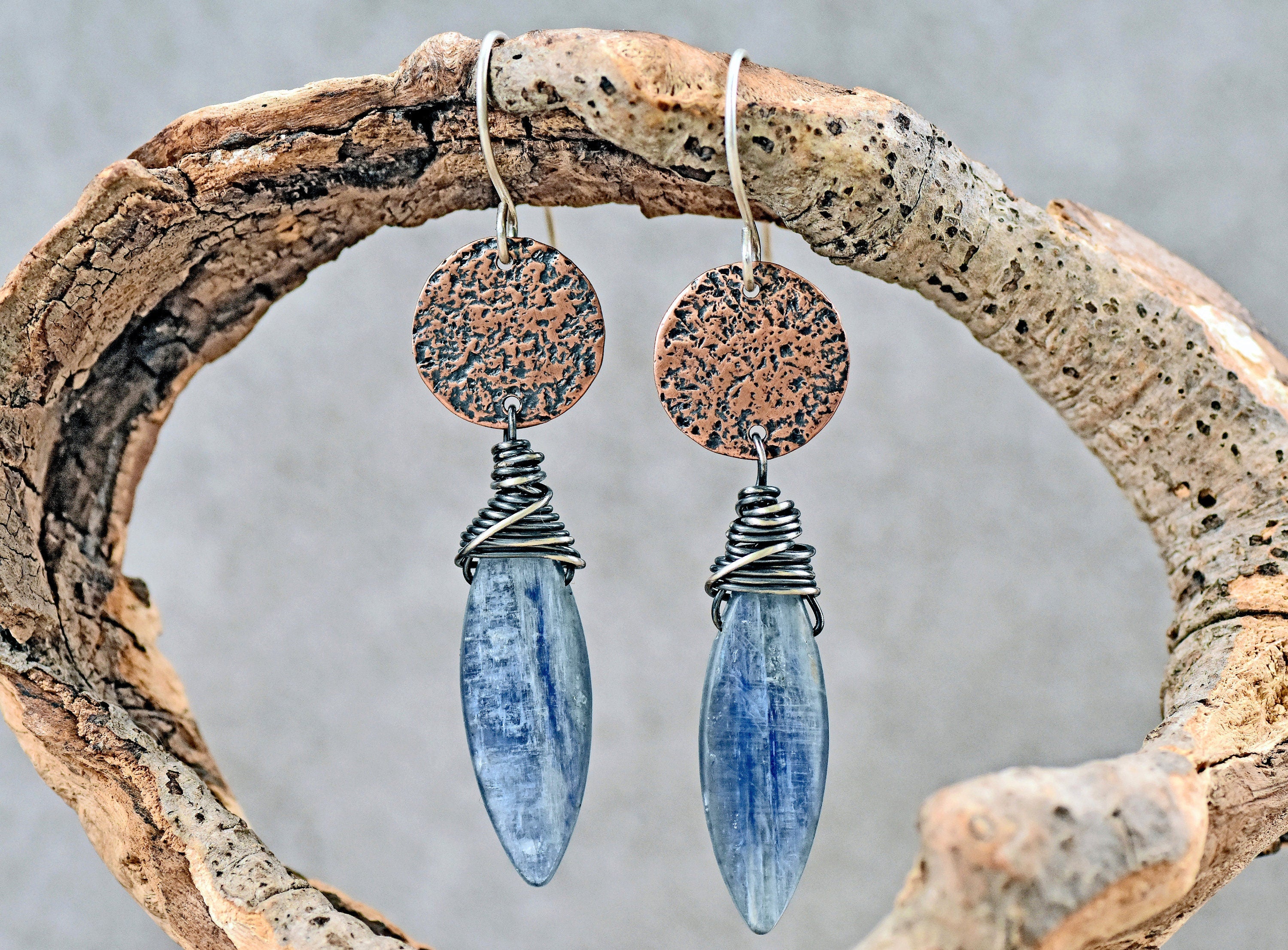 Handmade rustic kyanite earrings dangle. outlet Blue stone teardrop earrings.