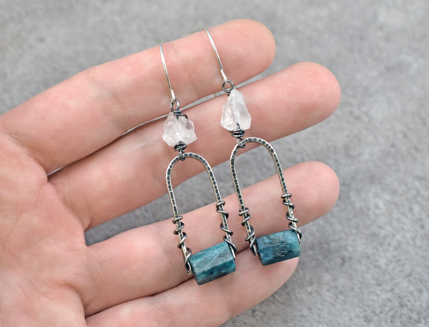 Raw Apatite and Quartz Earrings, Rustic Sterling Silver Rough Gemstone Dangles, Unique Artisan Crystal Wire Jewelry Handmade