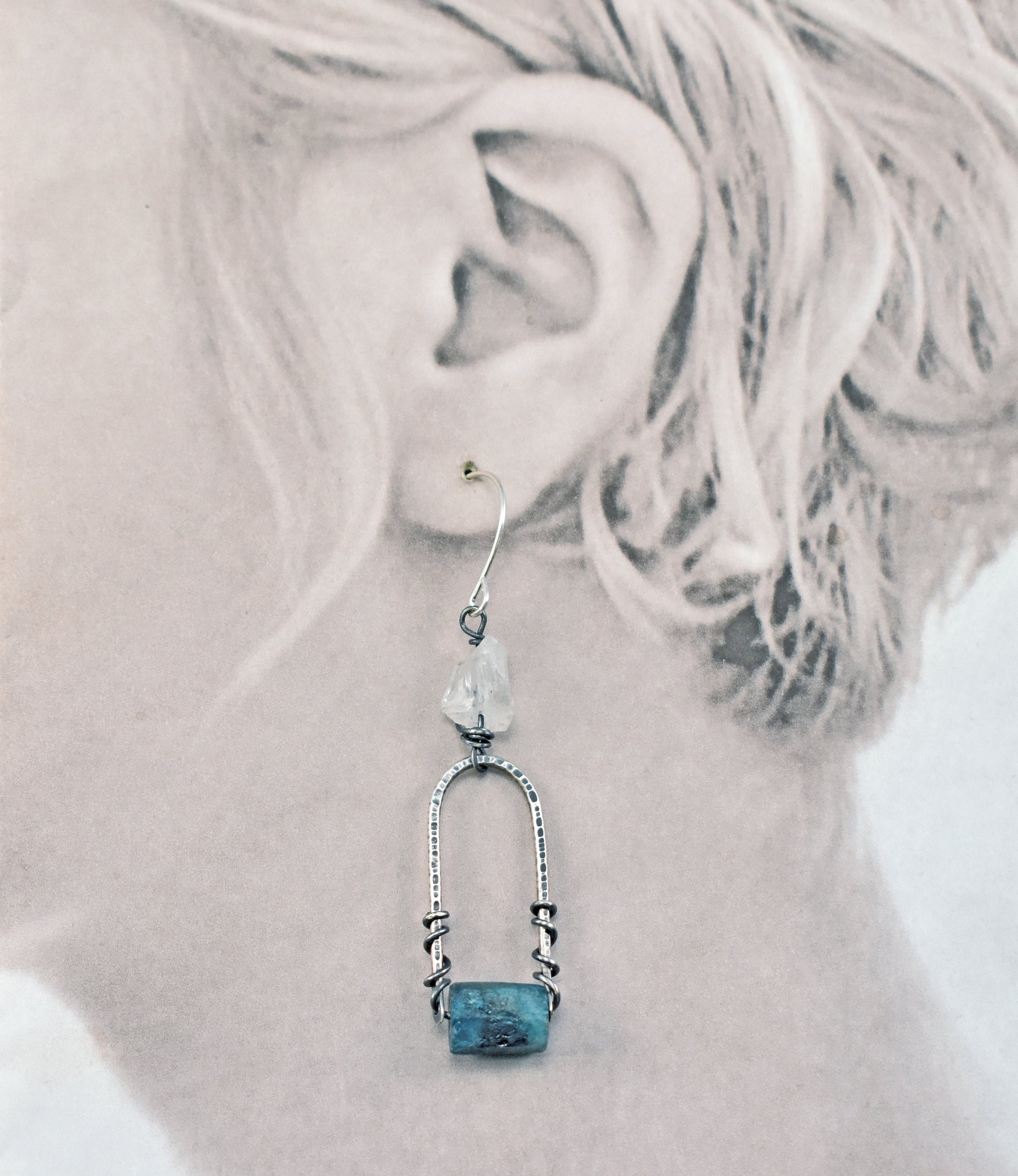 Raw Apatite and Quartz Earrings, Rustic Sterling Silver Rough Gemstone Dangles, Unique Artisan Crystal Wire Jewelry Handmade