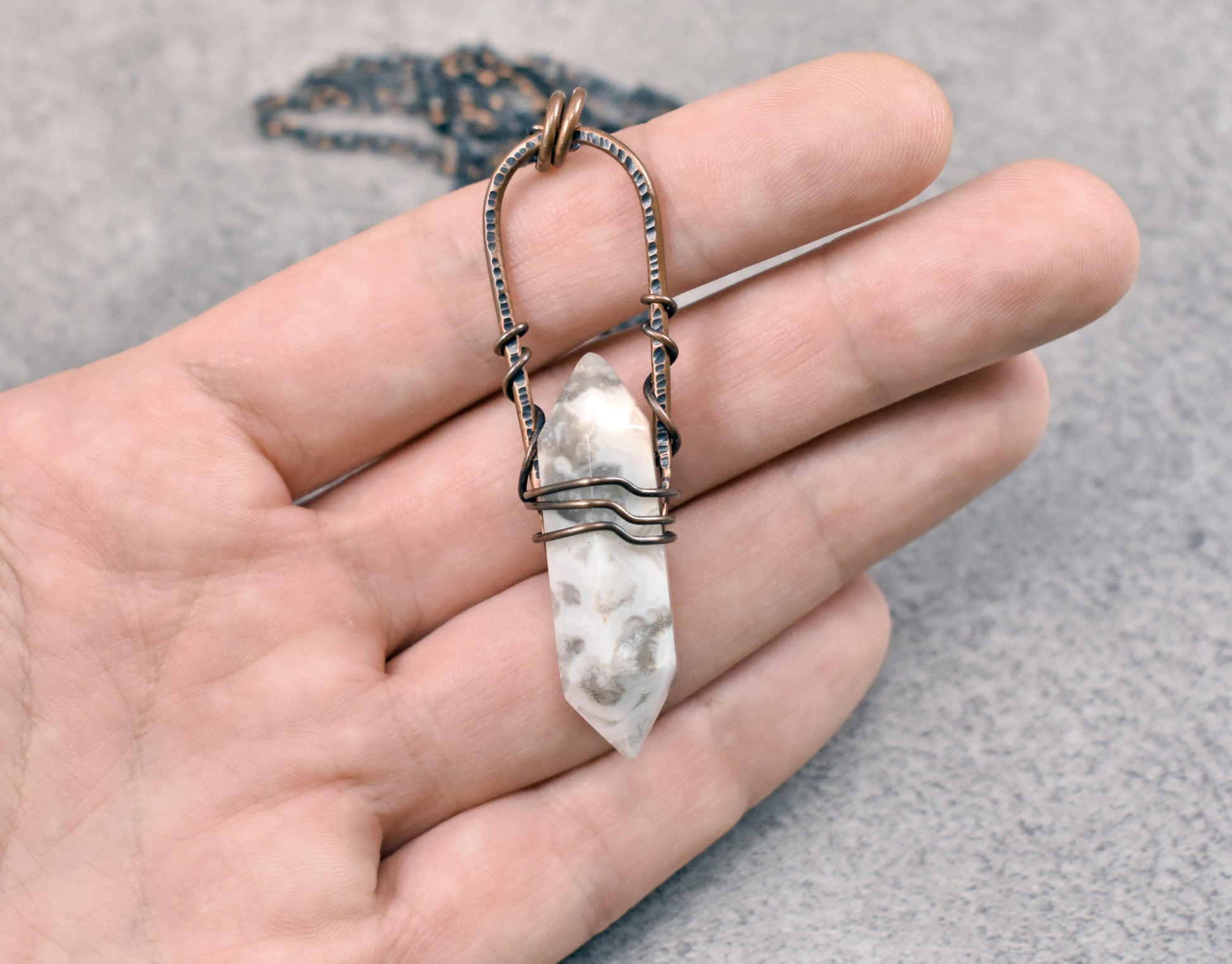 Long Crazy Lace Agate Necklace, Hammered Copper Wire Pendant, Rustic White Stone Jewelry, Double Terminated Point