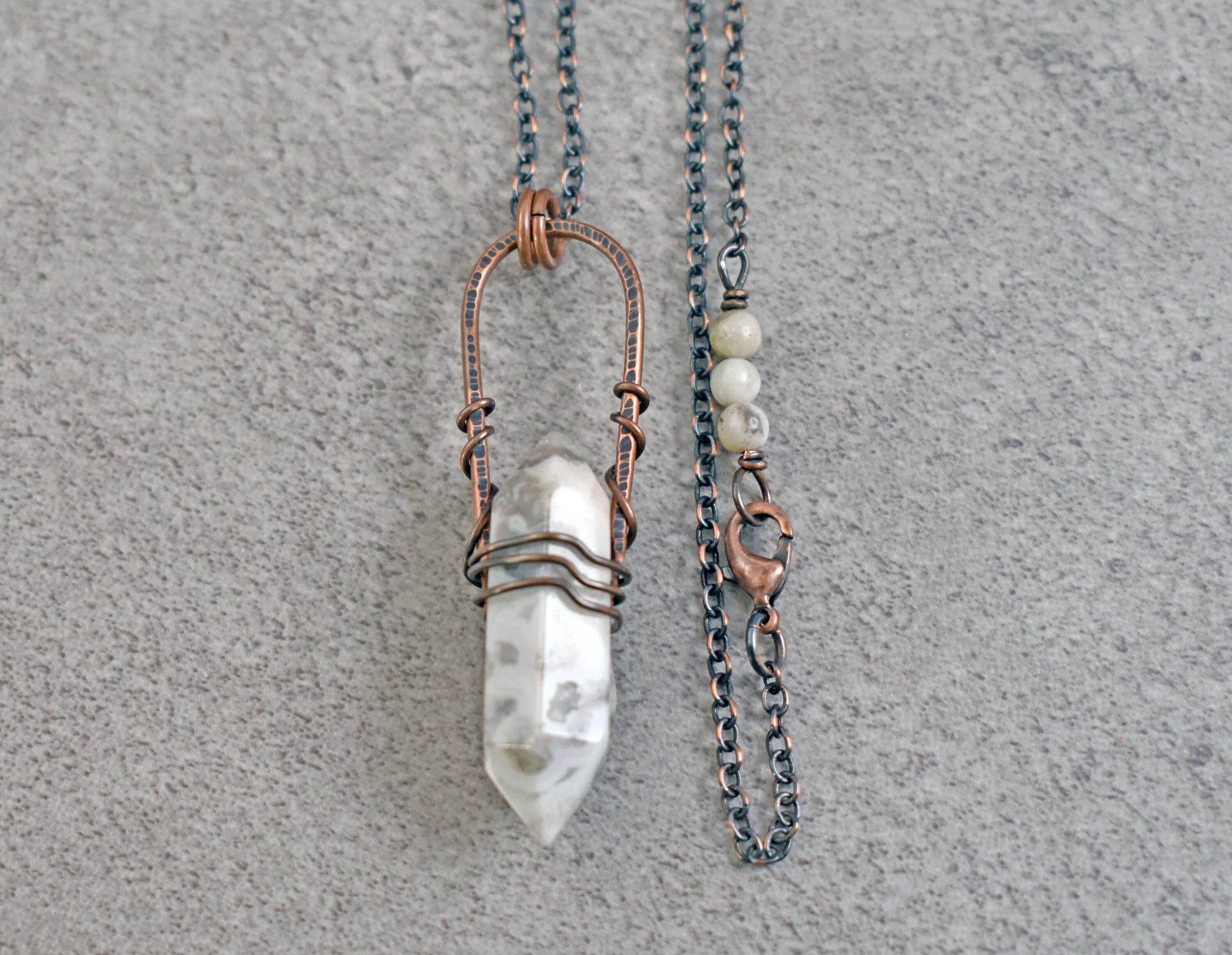 Long Crazy Lace Agate Necklace, Hammered Copper Wire Pendant, Rustic White Stone Jewelry, Double Terminated Point