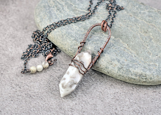 Long Crazy Lace Agate Necklace, Hammered Copper Wire Pendant, Rustic White Stone Jewelry, Double Terminated Point