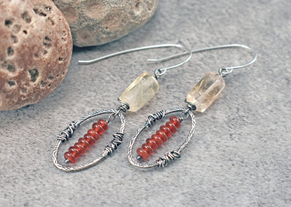 Citrine Carnelian Sterling Silver Earrings, Pale Yellow and Red Oval Dangles, Unique Rustic Gemstone Jewelry