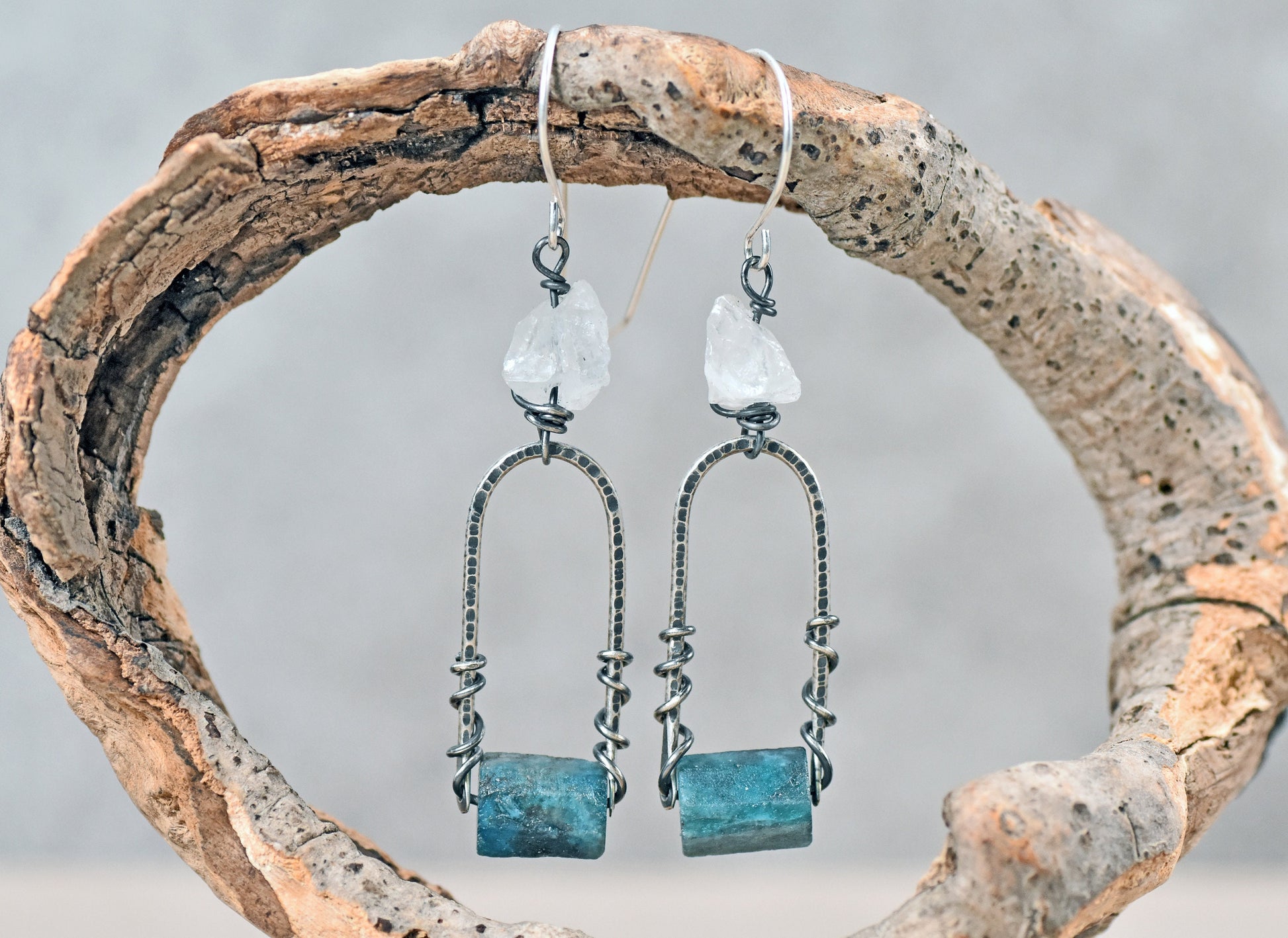 Raw Apatite and Quartz Earrings, Rustic Sterling Silver Rough Gemstone Dangles, Unique Artisan Crystal Wire Jewelry Handmade