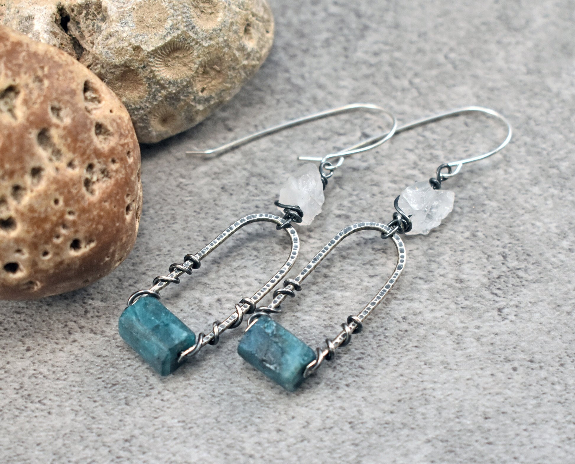 Raw Apatite and Quartz Earrings, Rustic Sterling Silver Rough Gemstone Dangles, Unique Artisan Crystal Wire Jewelry Handmade