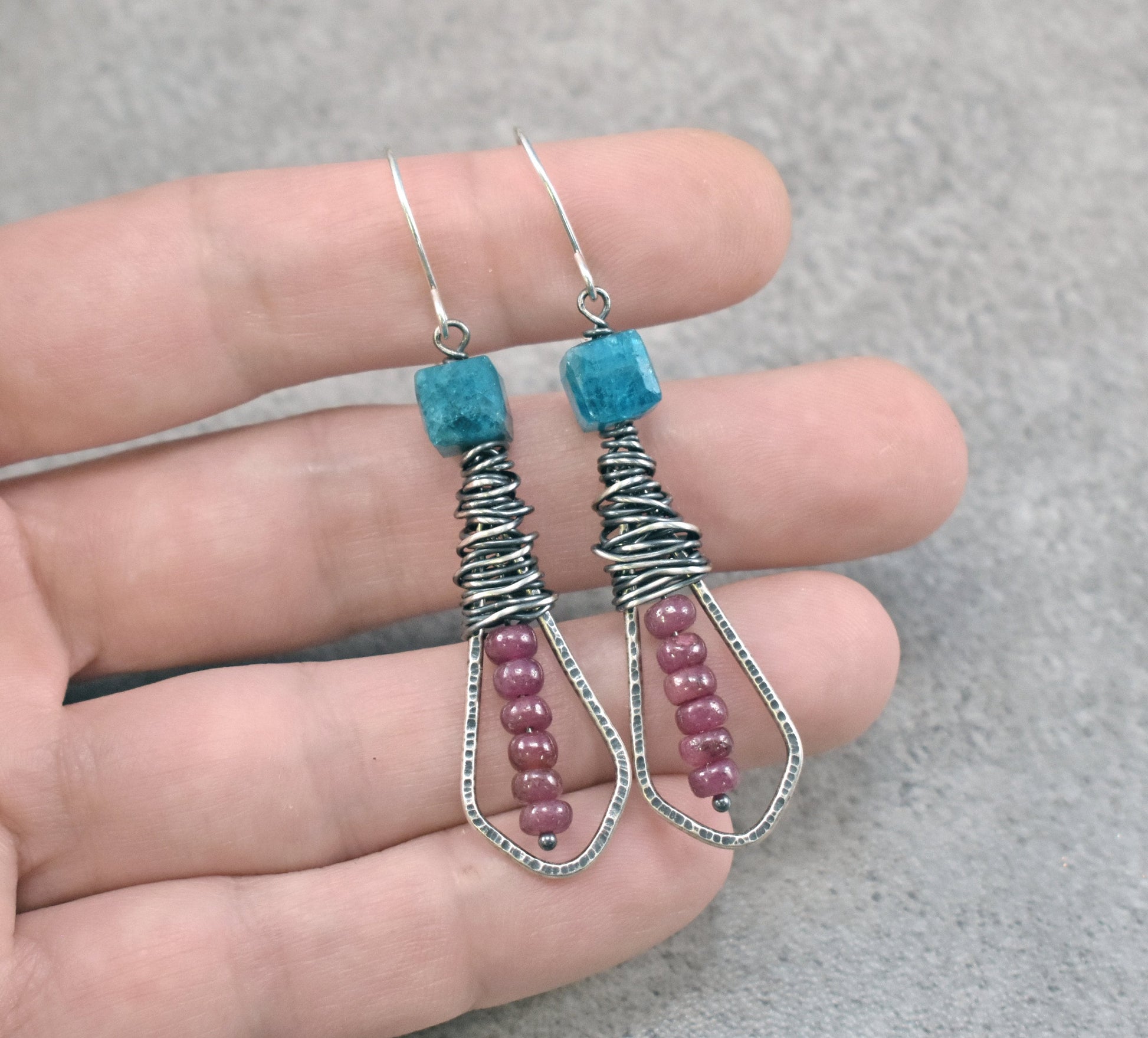 Raw Apatite and Ruby Earrings, Rustic Sterling Silver Gemstone Dangles, Blue and Pink Stones, Unique Artisan Wire Jewelry Handmade