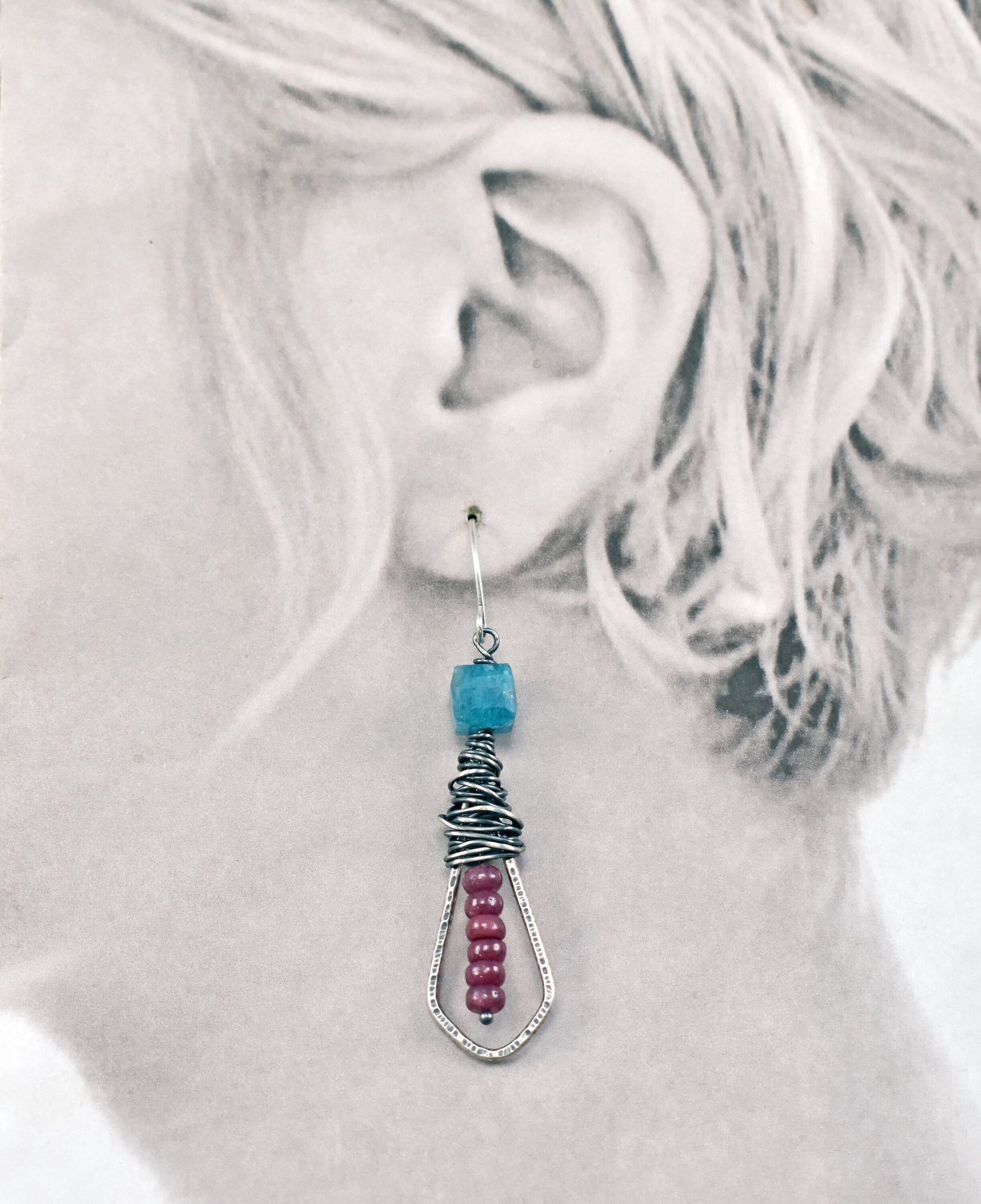 Raw Apatite and Ruby Earrings, Rustic Sterling Silver Gemstone Dangles, Blue and Pink Stones, Unique Artisan Wire Jewelry Handmade