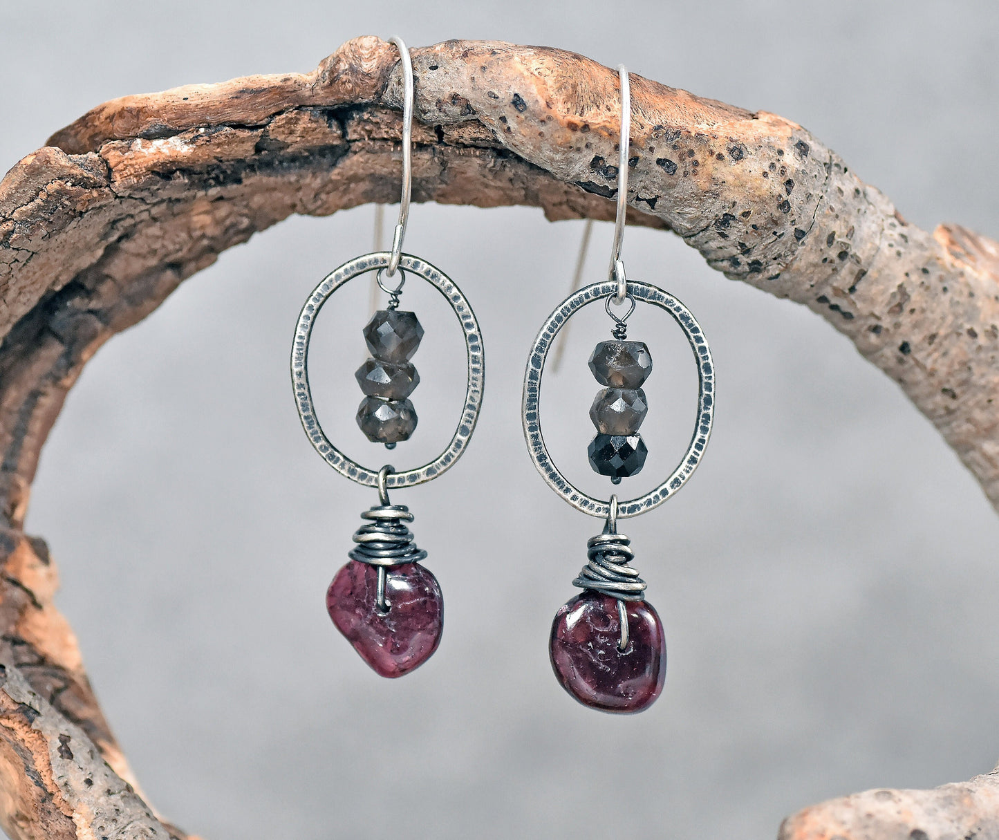 Garnet and Smoky Quartz Earrings, Sterling Silver Oval Gemstone Dangles, Natural Stone Jewelry Handmade