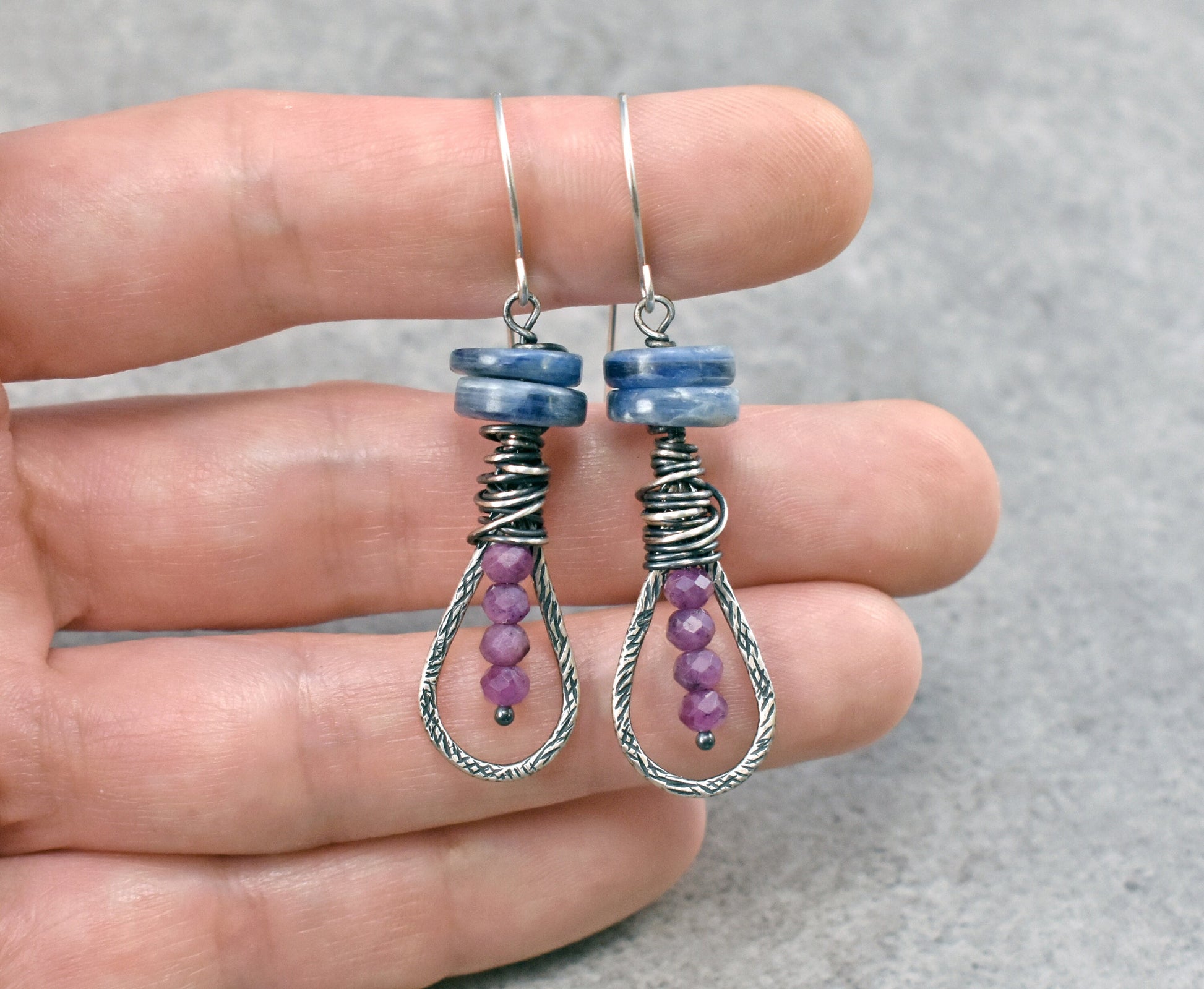 Kyanite Ruby Earrings, Sterling Silver Teardrop Dangles, Light Blue Purple Gemstone, Rustic Wire Jewelry, Artisan Unique Stone