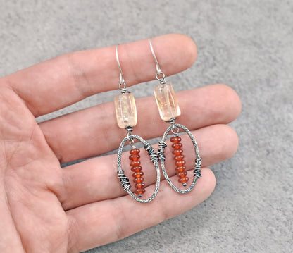 Citrine Carnelian Sterling Silver Earrings, Pale Yellow and Red Oval Dangles, Unique Rustic Gemstone Jewelry