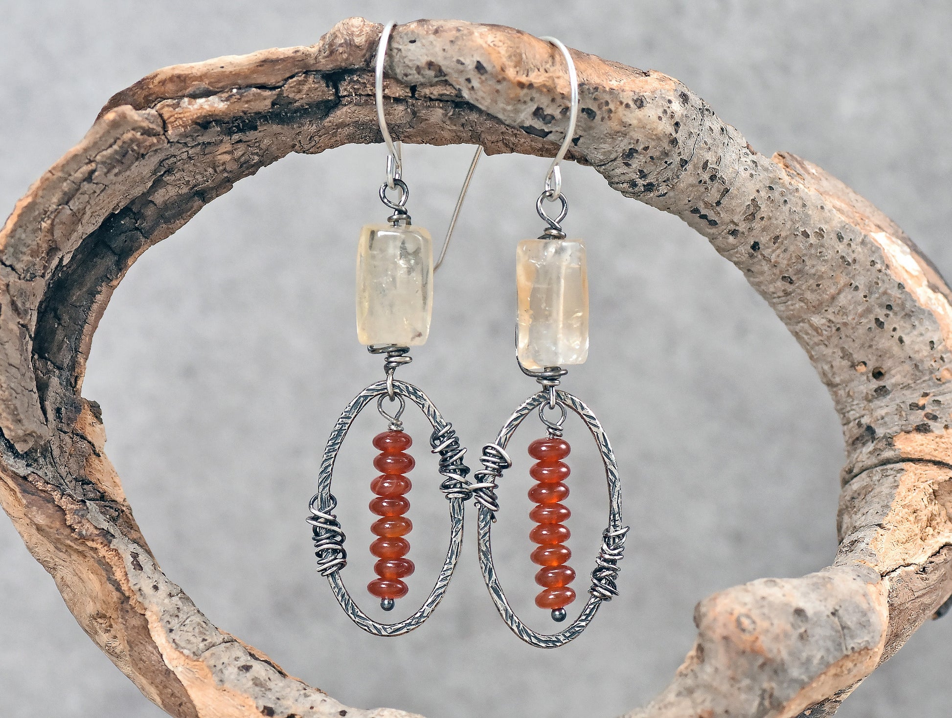 Citrine Carnelian Sterling Silver Earrings, Pale Yellow and Red Oval Dangles, Unique Rustic Gemstone Jewelry