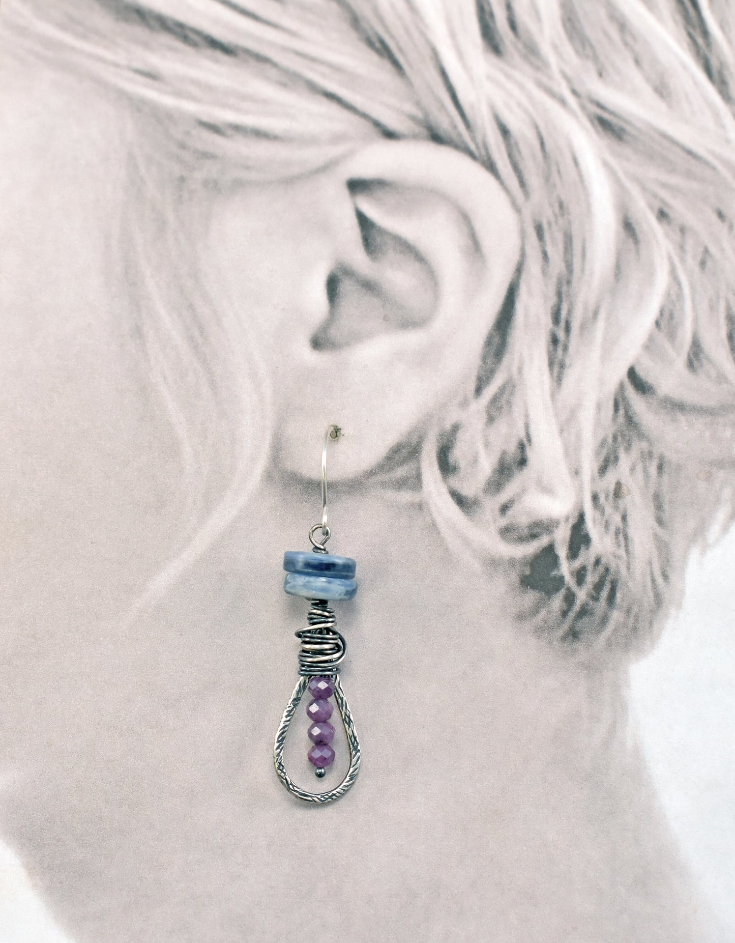 Kyanite Ruby Earrings, Sterling Silver Teardrop Dangles, Light Blue Purple Gemstone, Rustic Wire Jewelry, Artisan Unique Stone