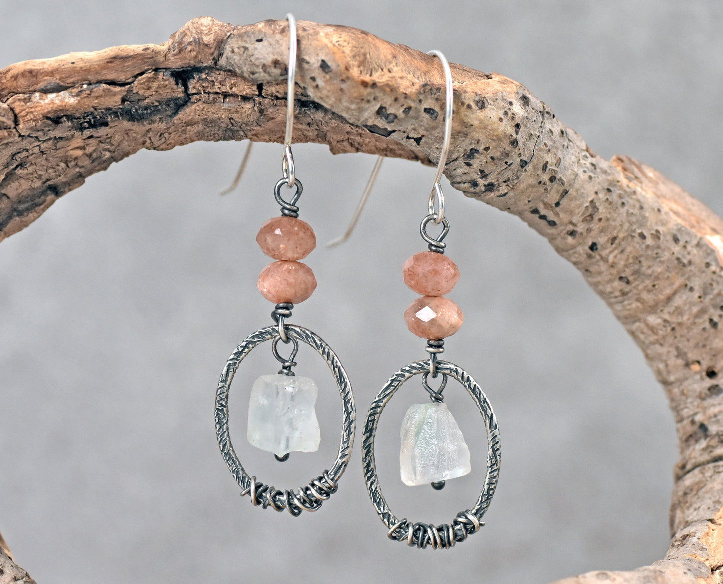 Raw Sunstone Earrings, Prehnite Sterling Silver Dangles, Natural Rough Orange Green Gemstone Dangles, Unique Artisan Oval Jewelry