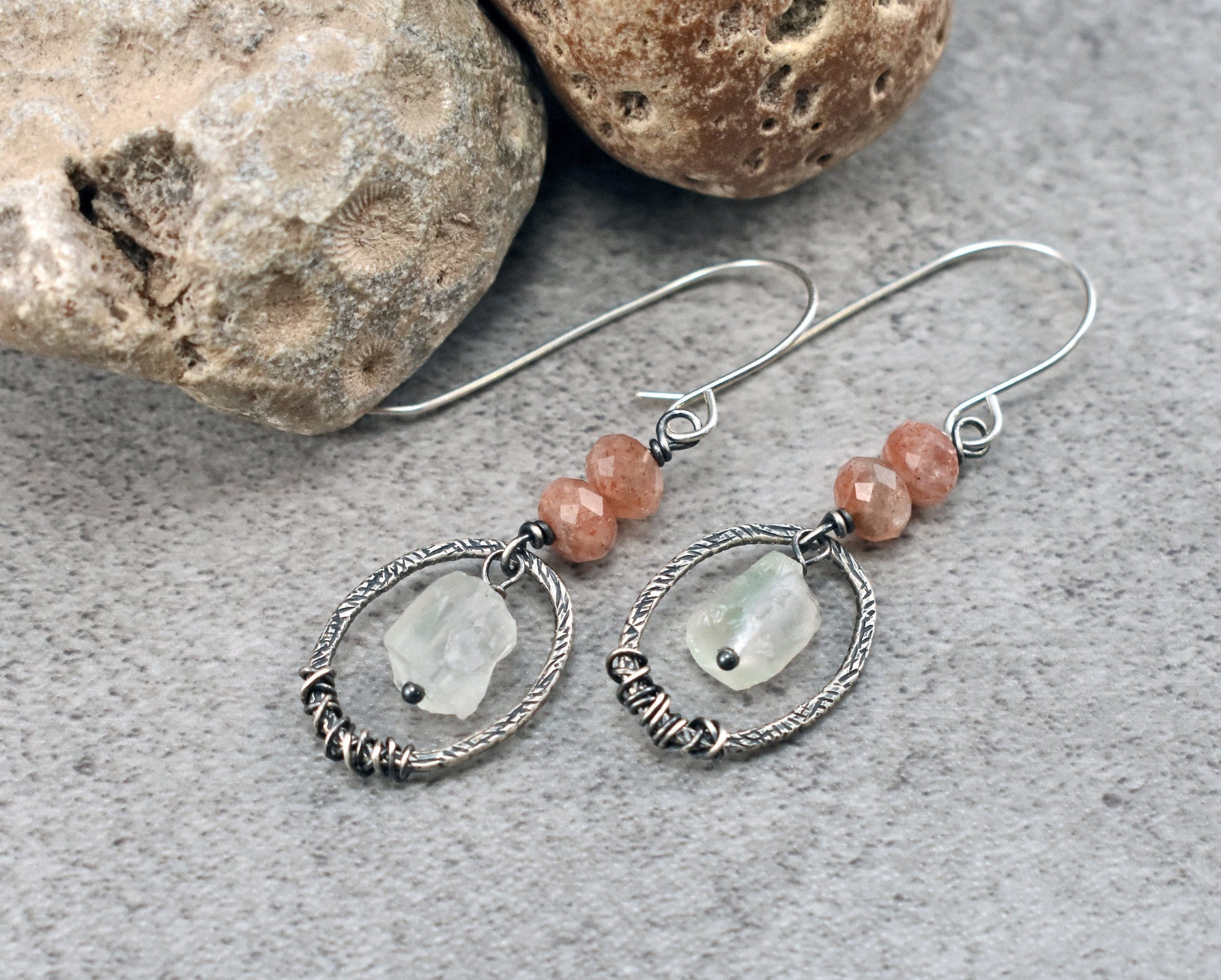 Raw Sunstone Earrings, Prehnite Sterling Silver Dangles, Natural Rough Orange Green Gemstone Dangles, Unique Artisan Oval Jewelry