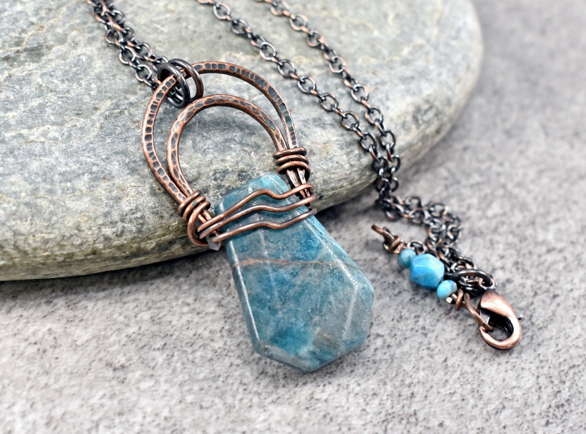 Apatite Necklace Handmade, Dark Teal Gemstone Jewelry, Hammered Copper Wire Pendant, Unique Rustic Artisan Metalwork