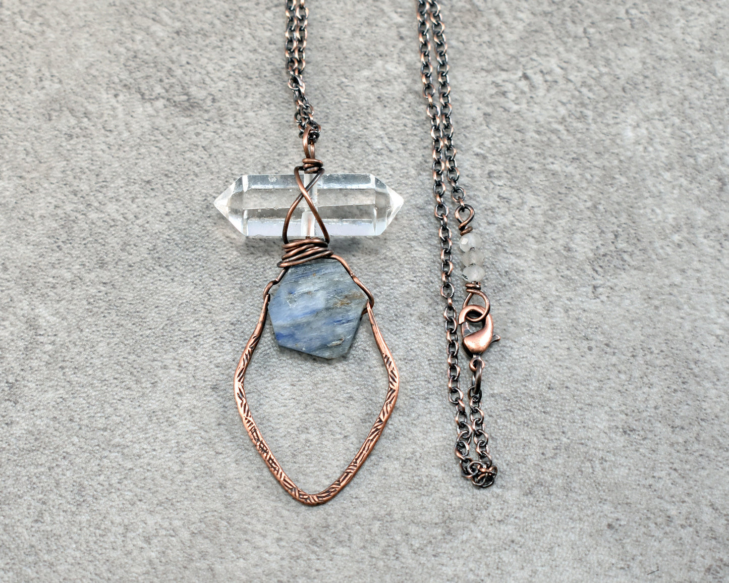 Long Kyanite and Quartz Layering Necklace, Rustic Copper Pendant with Natural Raw Blue Stone Jewelry