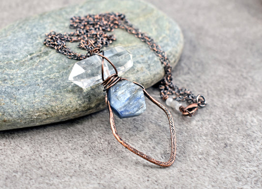 Long Kyanite and Quartz Layering Necklace, Rustic Copper Pendant with Natural Raw Blue Stone Jewelry
