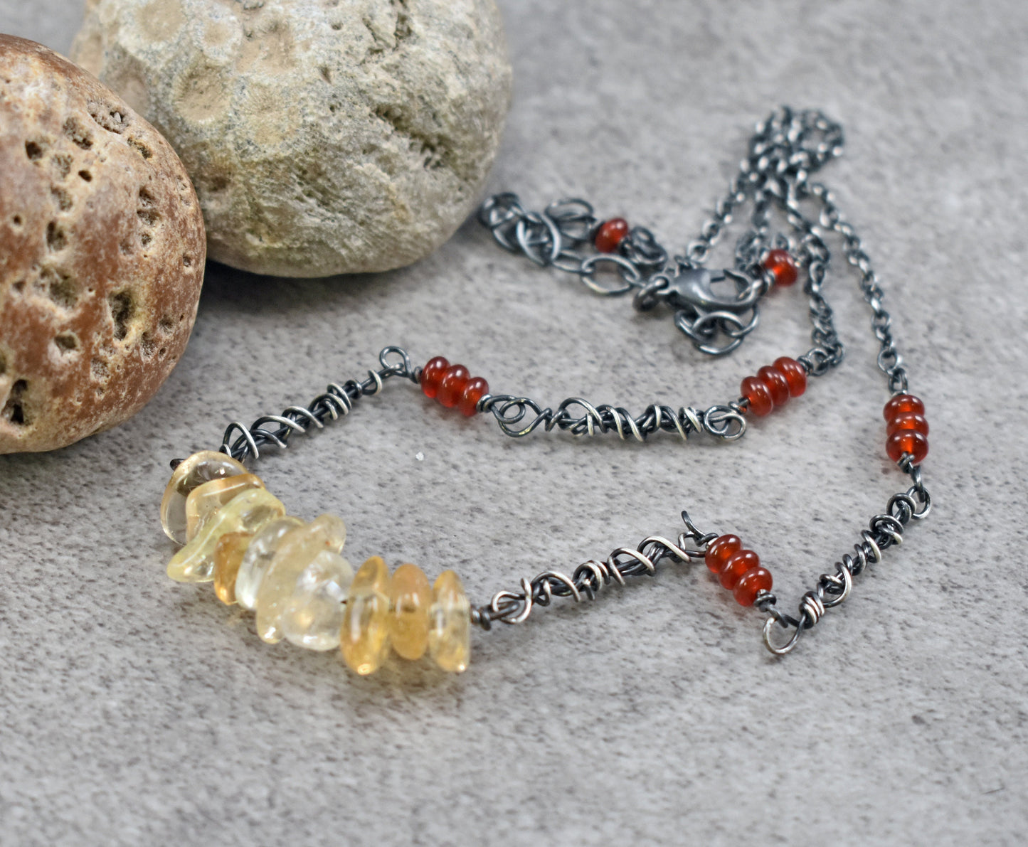 Citrine and Carnelian Sterling Silver Necklace, Natural Yellow and Red Gemstone, Unique Rustic Oxidized Jewelry