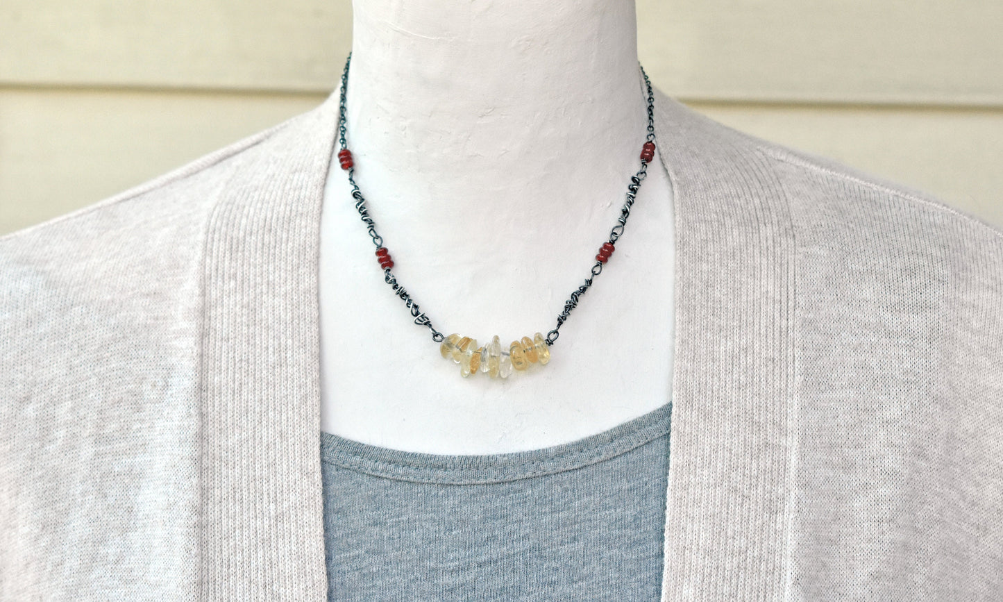 Citrine and Carnelian Sterling Silver Necklace, Natural Yellow and Red Gemstone, Unique Rustic Oxidized Jewelry