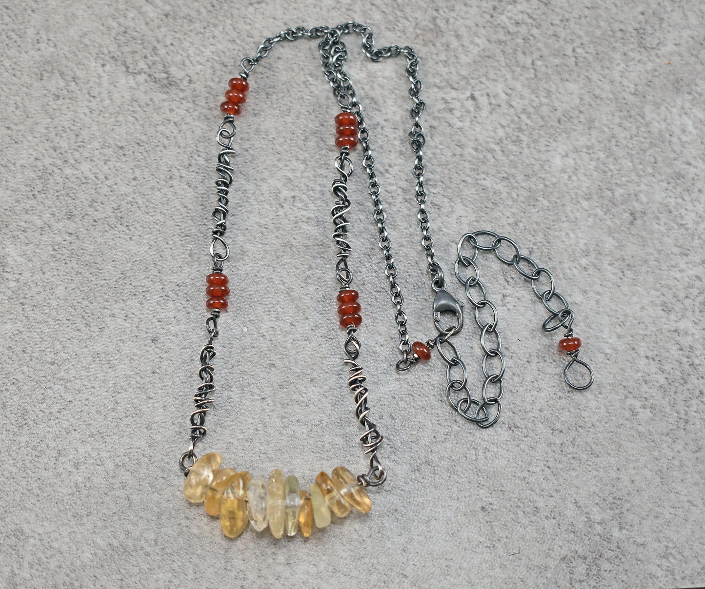 Citrine and Carnelian Sterling Silver Necklace, Natural Yellow and Red Gemstone, Unique Rustic Oxidized Jewelry