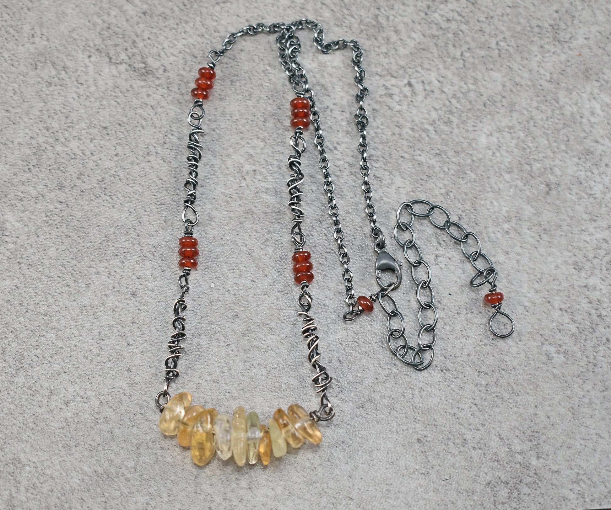 Citrine and Carnelian Sterling Silver Necklace, Natural Yellow and Red Gemstone, Unique Rustic Oxidized Jewelry