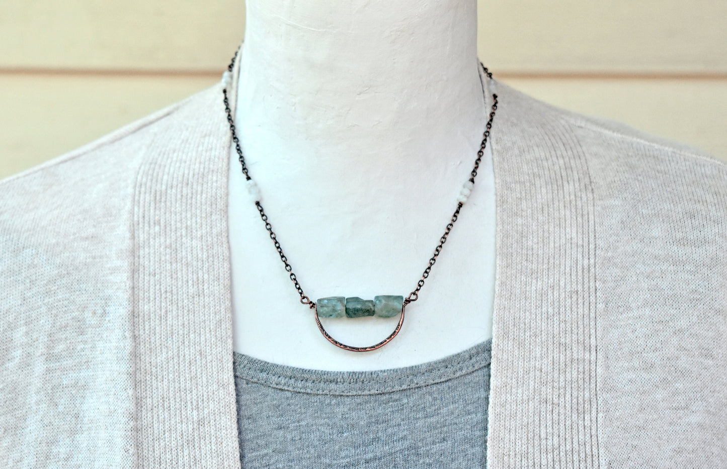 Raw Blue Apatite Necklace, Unique Gemstone Pendant, Hammered Copper Wire Jewelry, Textured Rustic Metal