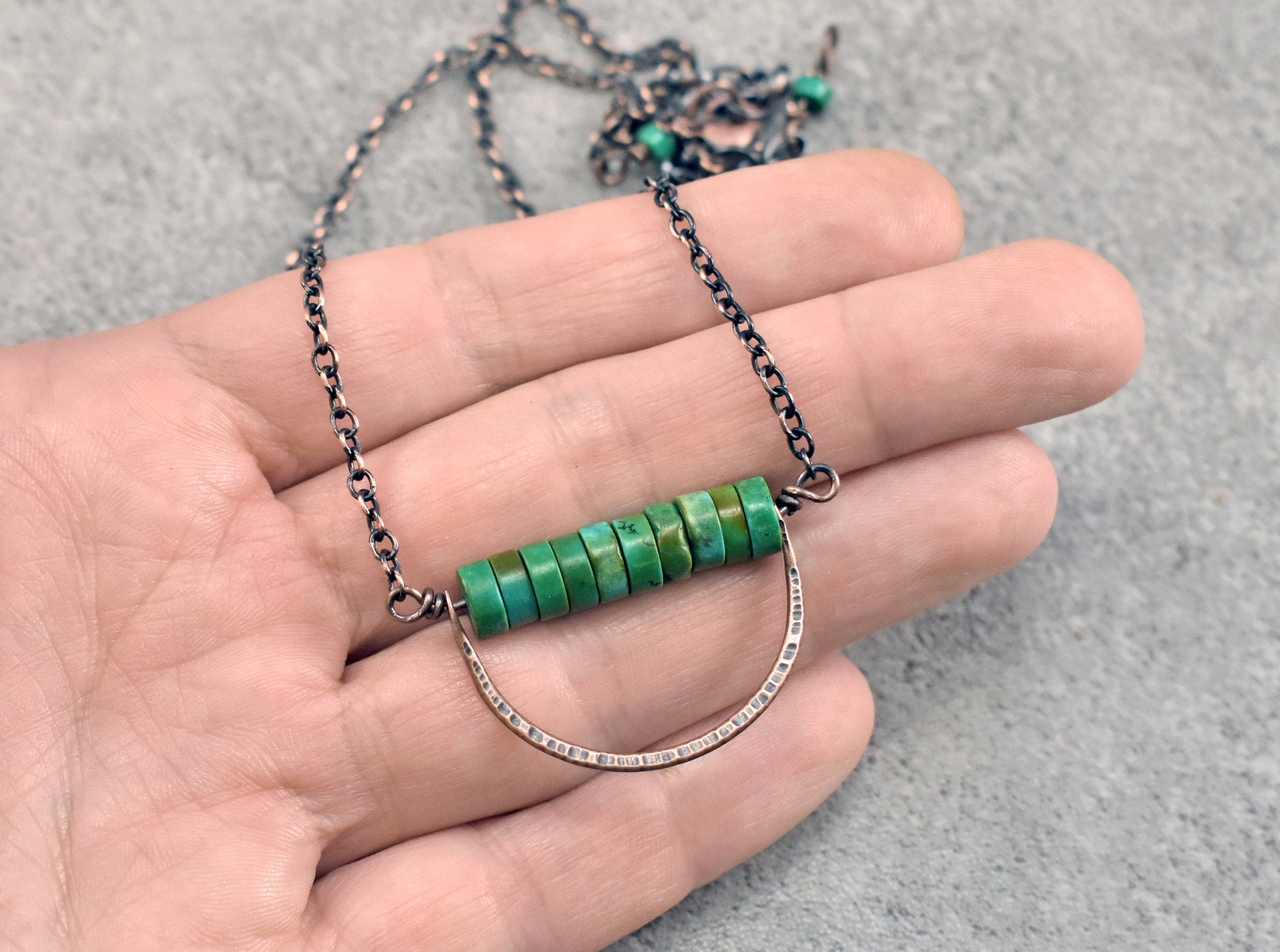 Rustic Green Turquoise Necklace, Hammered Copper Wire Pendant, Unique Boho Jewelry Handmade, Natural Gemstone