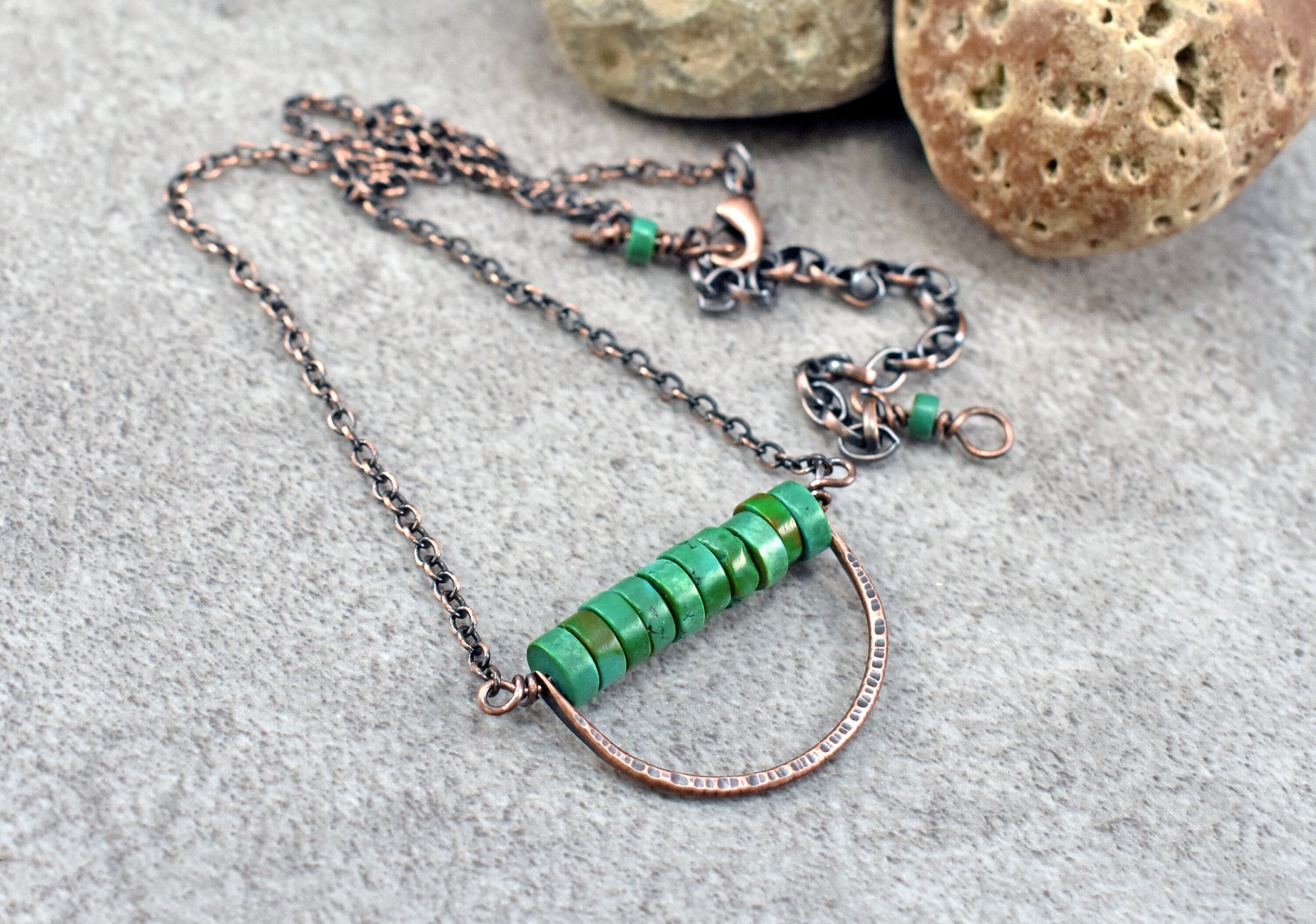 Rustic Green Turquoise Necklace, Hammered Copper Wire Pendant, Unique Boho Jewelry Handmade, Natural Gemstone