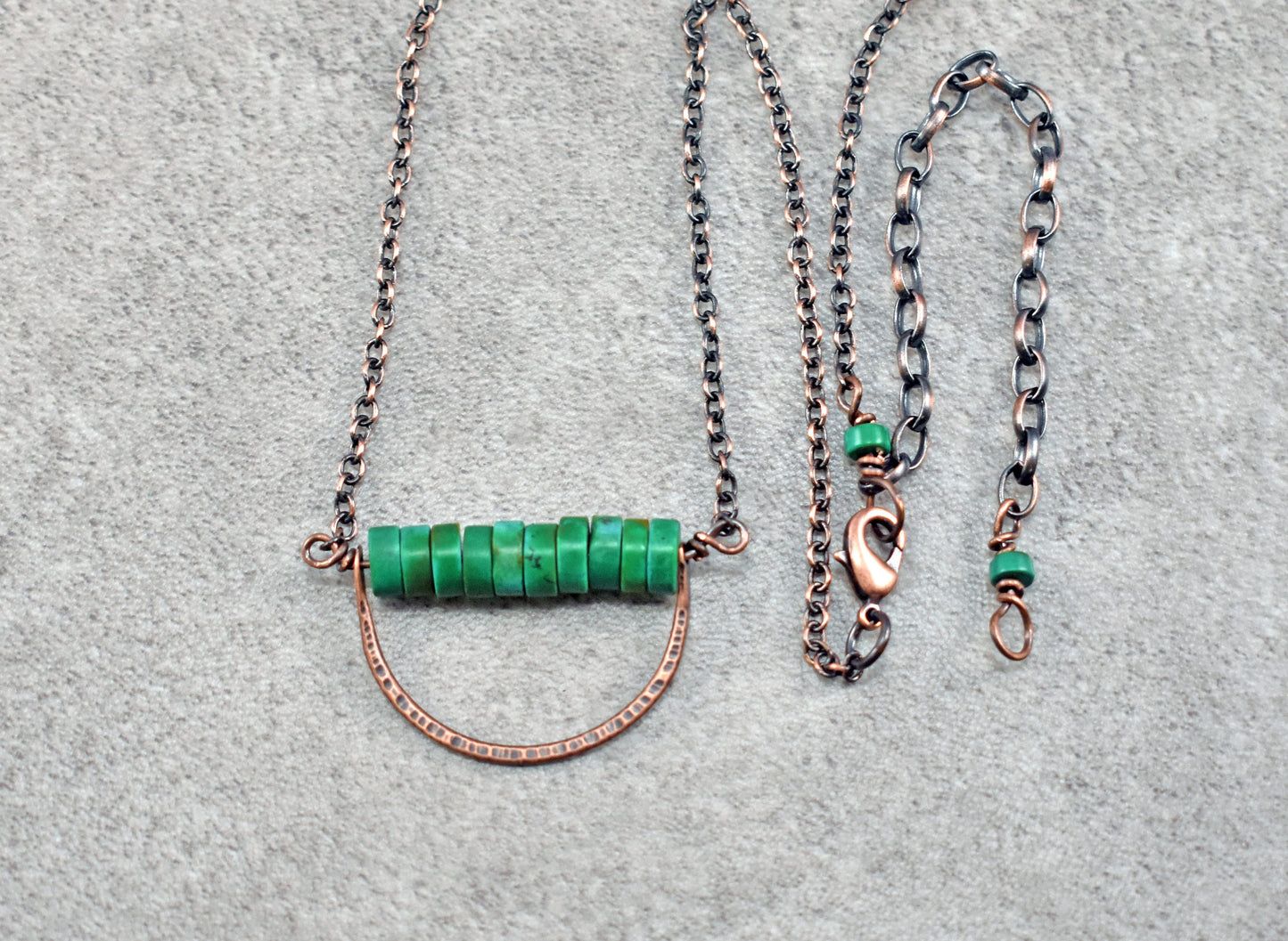 Rustic Green Turquoise Necklace, Hammered Copper Wire Pendant, Unique Boho Jewelry Handmade, Natural Gemstone