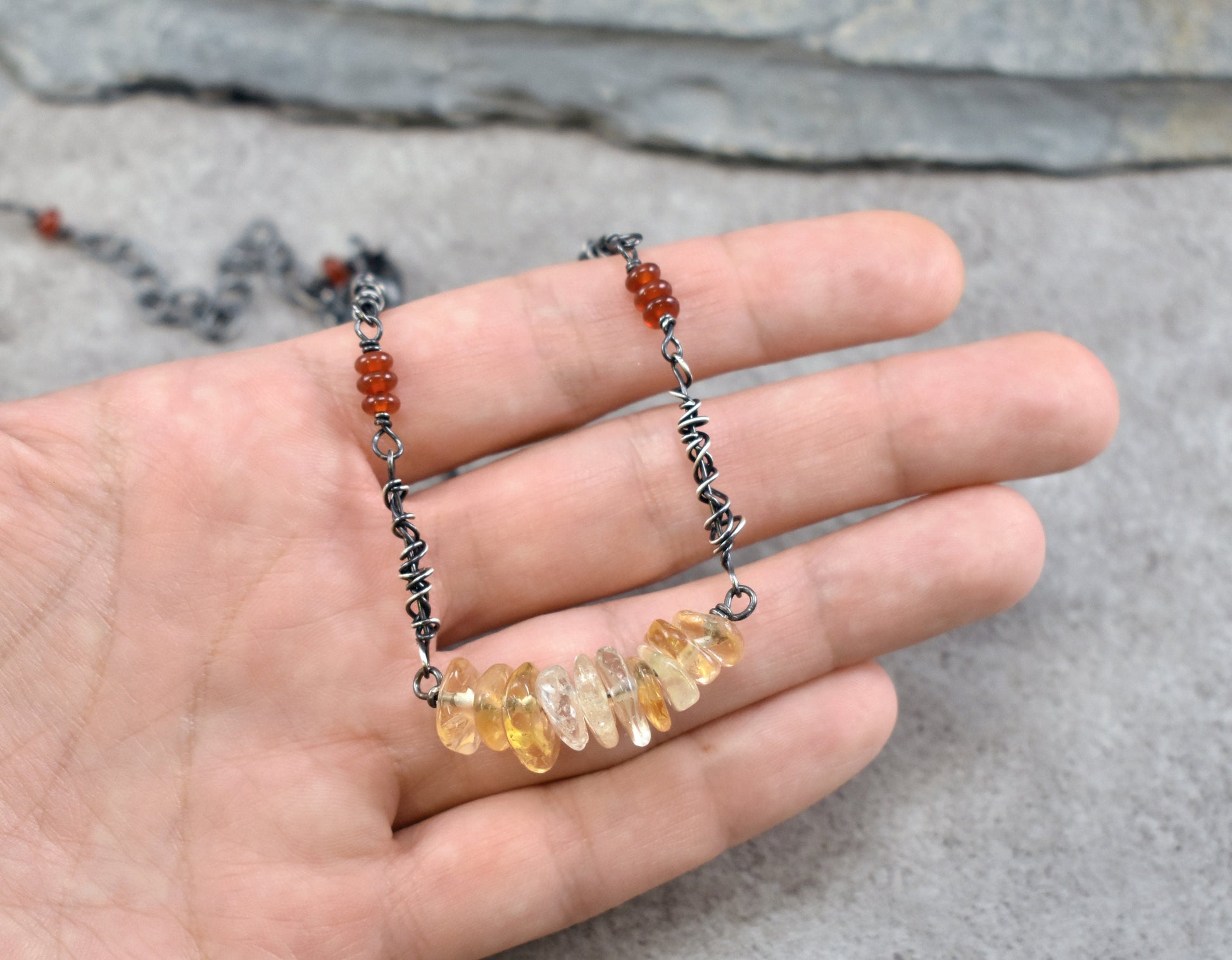 Citrine and Carnelian Sterling Silver Necklace, Natural Yellow and Red Gemstone, Unique Rustic Oxidized Jewelry