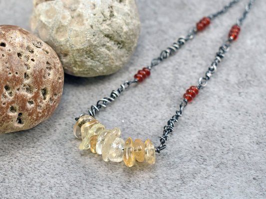 Citrine and Carnelian Sterling Silver Necklace, Natural Yellow and Red Gemstone, Unique Rustic Oxidized Jewelry