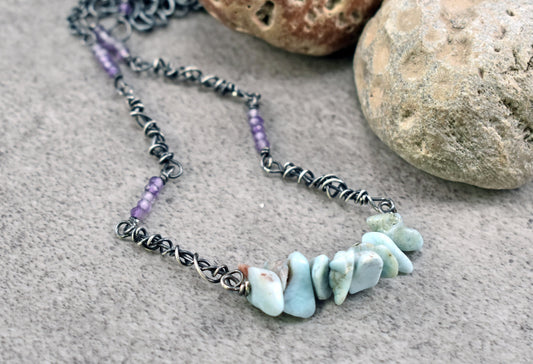 Larimar and Amethyst Sterling Silver Necklace, Natural Light Blue and Purple Gemstone, Rustic Oxidized Jewelry Handmade
