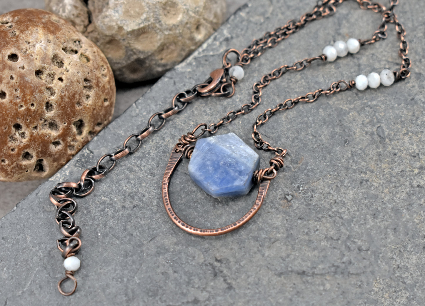 Kyanite, Moonstone and Copper Wire Necklace, Rustic Unique Gemstone Jewelry