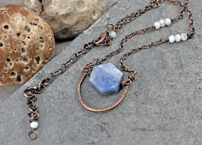 Kyanite, Moonstone and Copper Wire Necklace, Rustic Unique Gemstone Jewelry