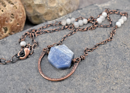 Kyanite, Moonstone and Copper Wire Necklace, Rustic Unique Gemstone Jewelry