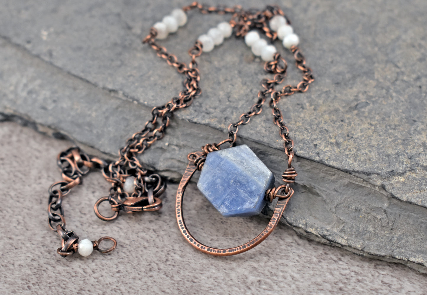 Kyanite, Moonstone and Copper Wire Necklace, Rustic Unique Gemstone Jewelry