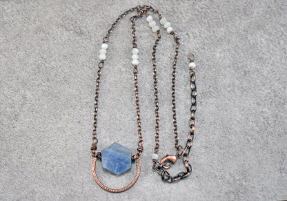 Kyanite, Moonstone and Copper Wire Necklace, Rustic Unique Gemstone Jewelry