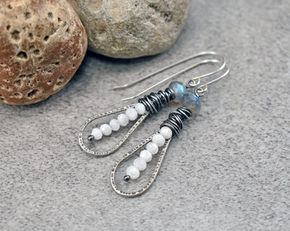 Moonstone Labradorite Teardrop Earrings, Sterling Silver Gemstone Dangles, Rustic Artisan Wire Jewelry Handmade